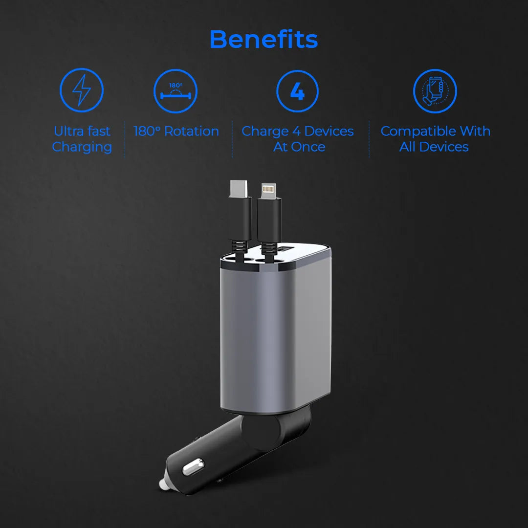 Premium Multi-Port Car Charger with Retractable Cables