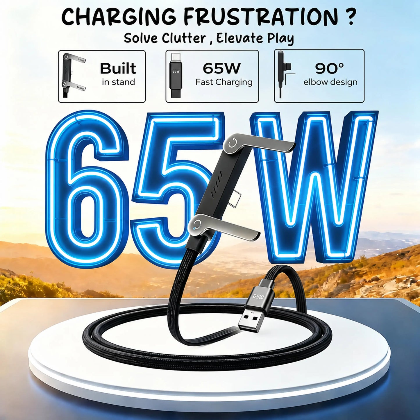 Ultimate 65W Fast Charging Gamer Cable with Built-in Phone Stand