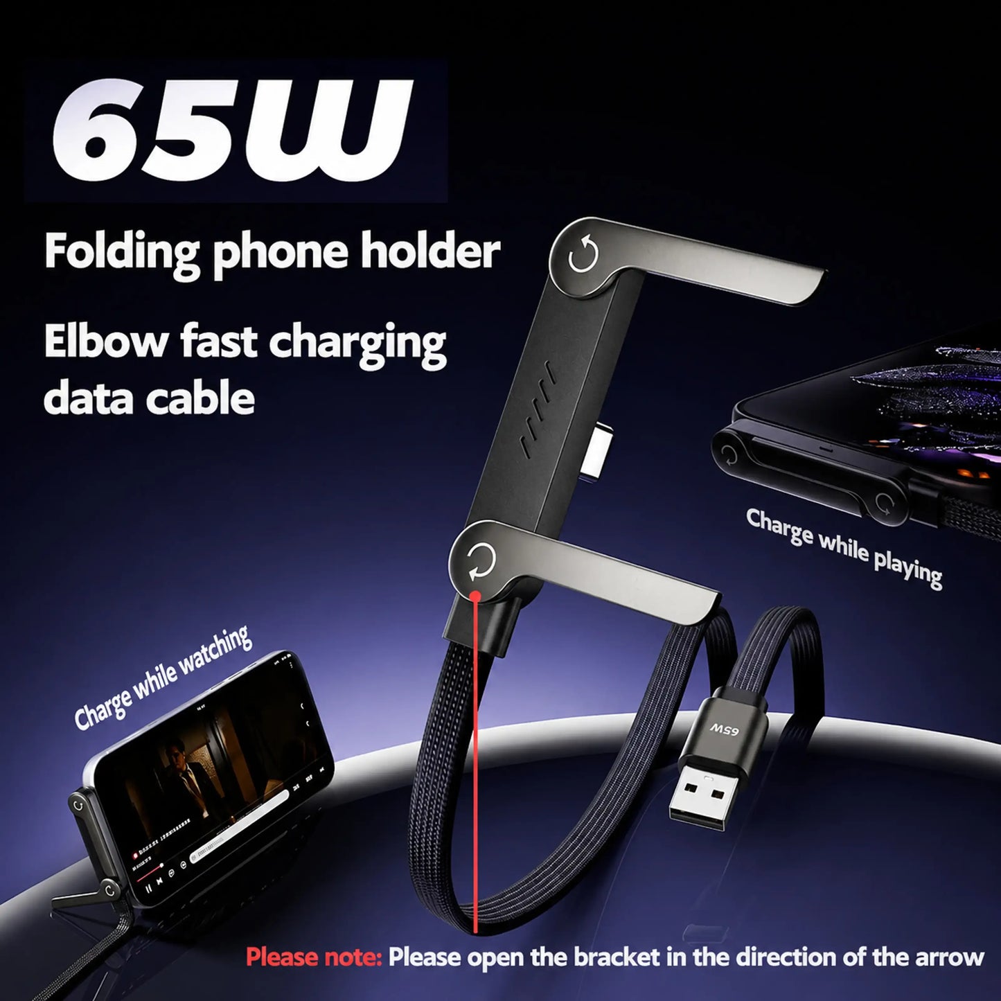 Ultimate 65W Fast Charging Gamer Cable with Built-in Phone Stand